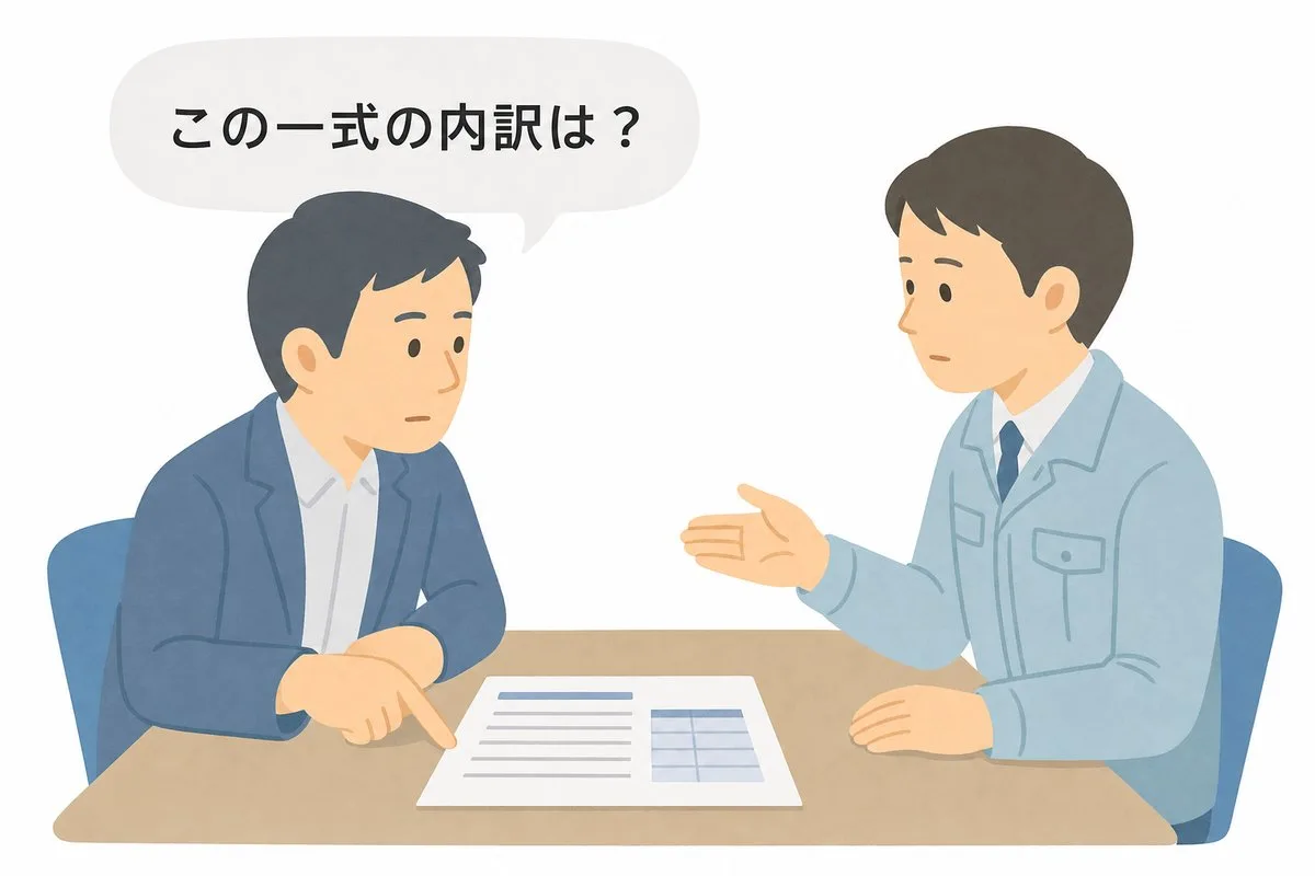 見積書を指差して内訳を質問する施主と、丁寧に答える業者(イラスト)