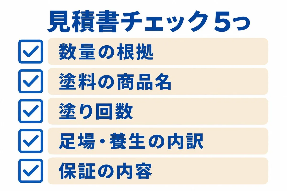 見積書チェック5つ。数量の根拠・塗料の商品名・塗り回数・足場と養生の内訳・保証の内容(図解)