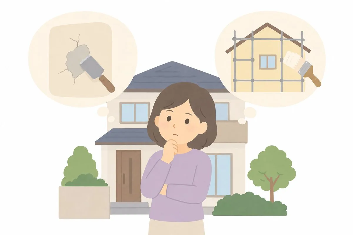 補修だけか塗装までか、2つの選択肢を前に考える女性（イラスト・イメージ）