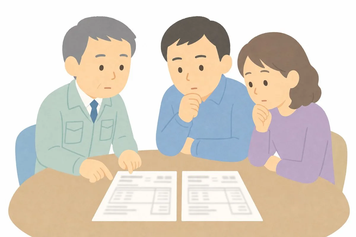 2種類の見積もりを並べて比較しながら相談する夫婦と診断士（イラスト）