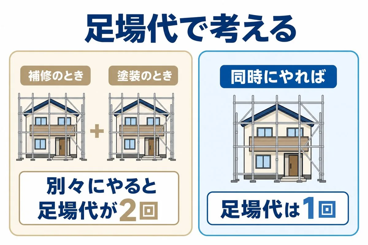 足場代の比較。別々にやると足場代が2回、同時にやれば1回（図解）
