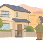 夕方の空の下、10年を過ごした家を見上げる男性（イラスト・イメージ）