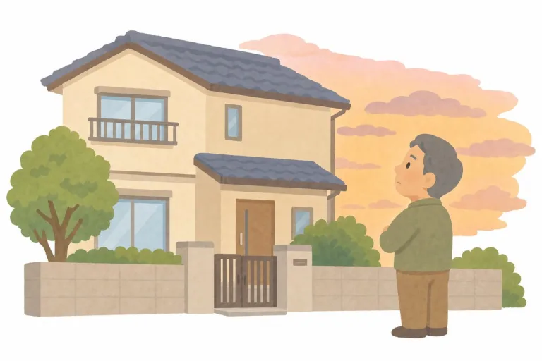 夕方の空の下、10年を過ごした家を見上げる男性(イラスト・イメージ)