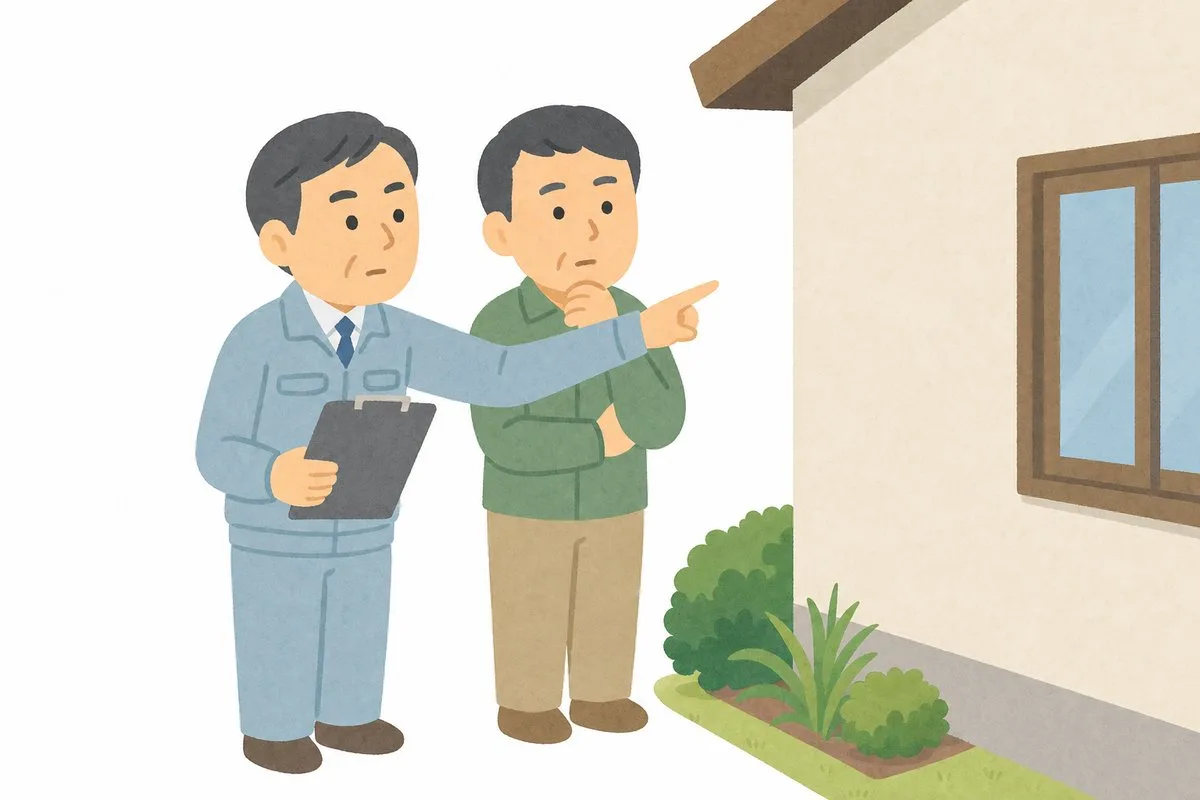 診断士と一緒に家の状態を棚卸しする施主(イラスト)
