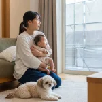 赤ちゃんとペットと過ごすリビング。窓の外に塗装工事の足場（イメージ）