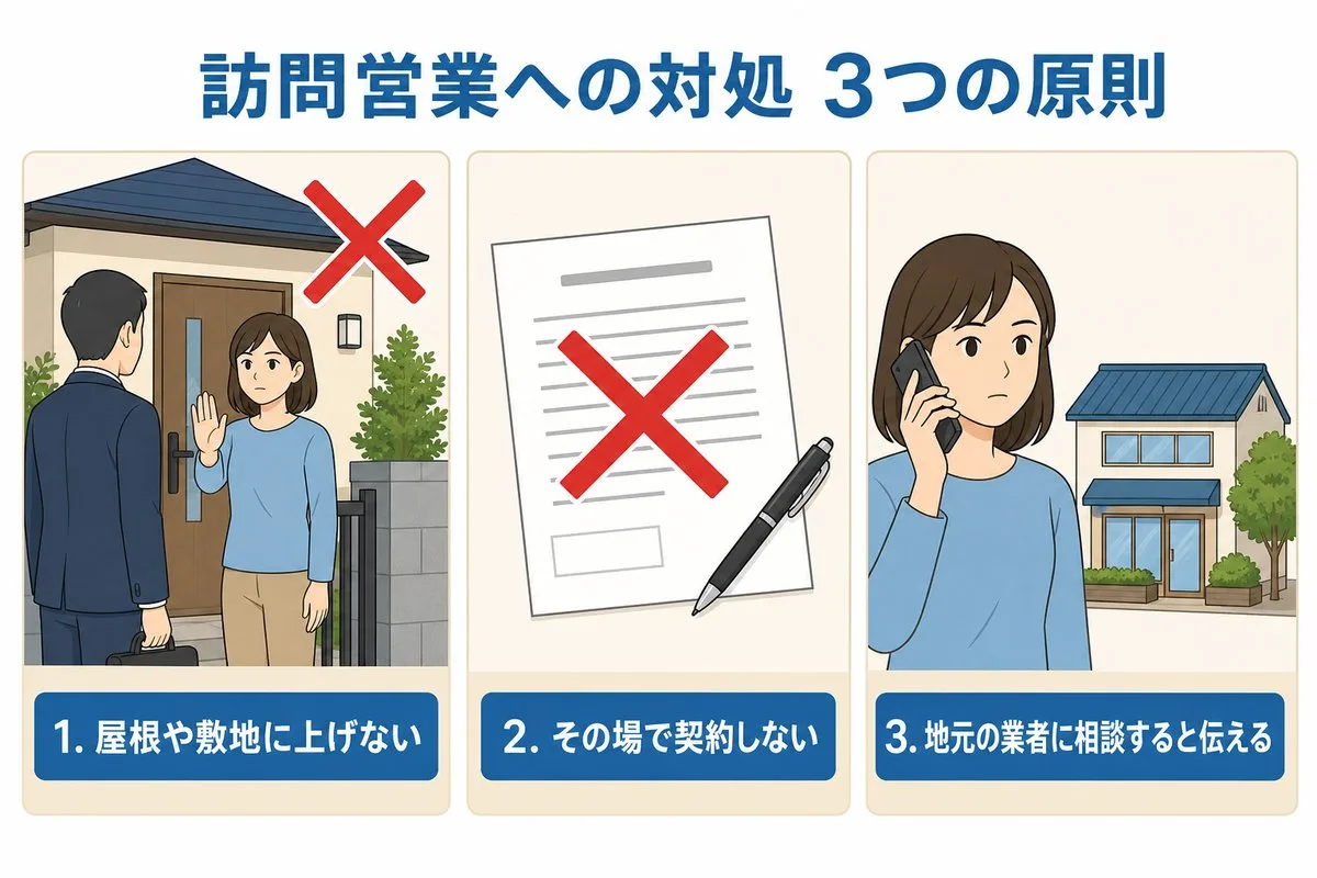 訪問営業への対処3つの原則。屋根や敷地に上げない・その場で契約しない・地元の業者に相談すると伝える(図解)