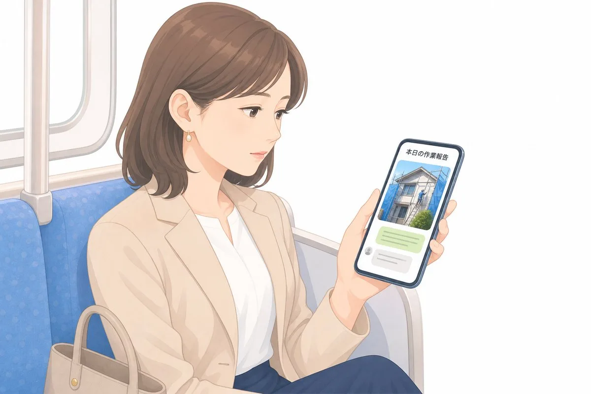 通勤中にスマホで工事のLINE報告を確認する様子(イラスト)