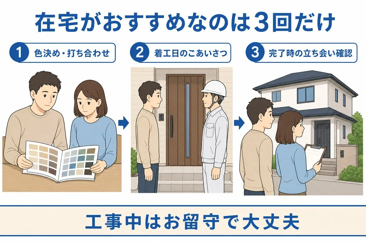 在宅がおすすめなのは色決め・着工日のごあいさつ・完了時の立ち会いの3回だけ(図解)