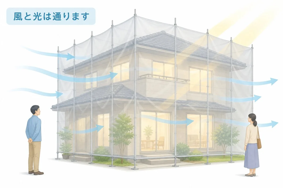 メッシュシートは網目状で風と光を通す(イラスト)