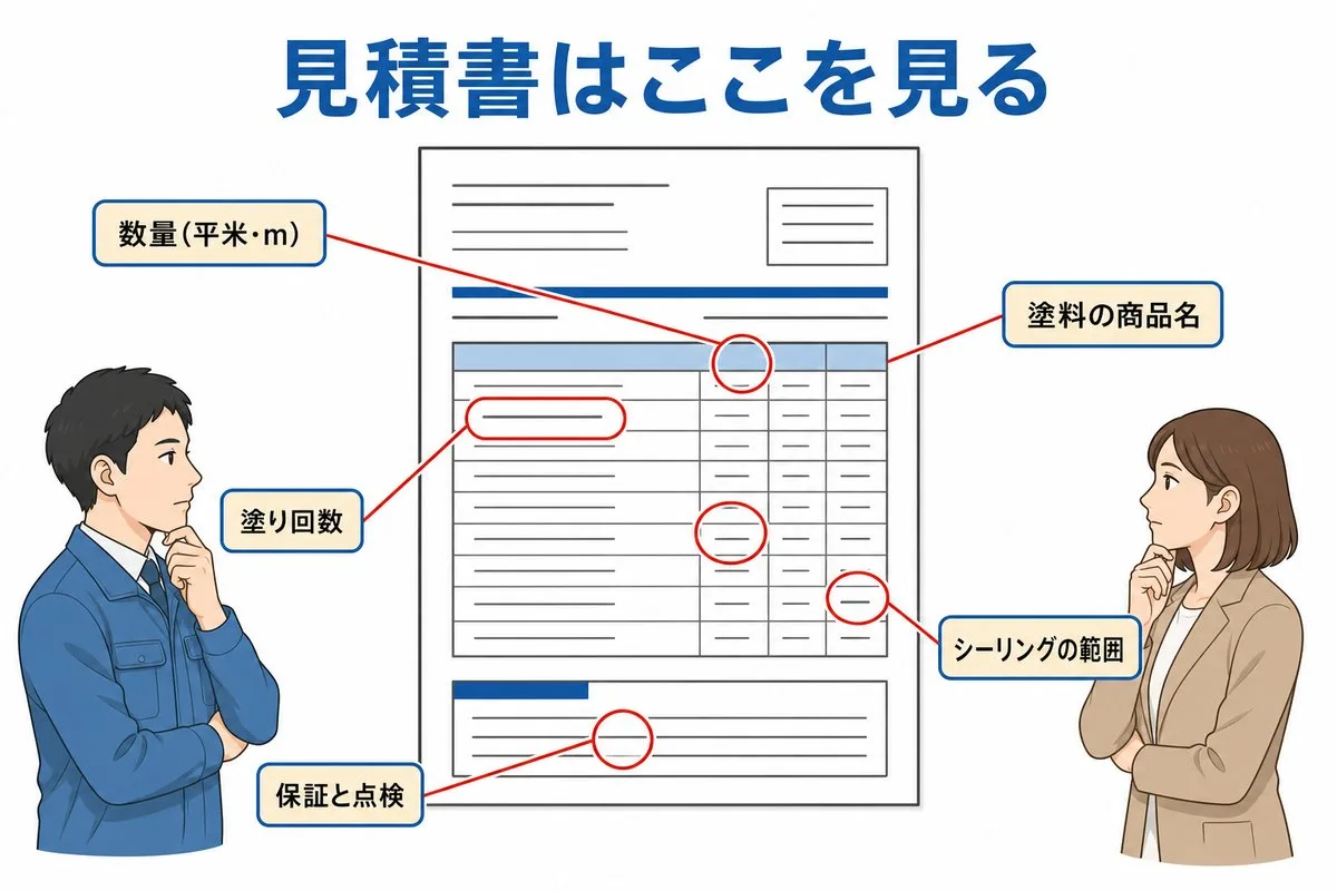 見積書で見るべき5箇所。数量・塗料の商品名・塗り回数・シーリングの範囲・保証と点検（図解）
