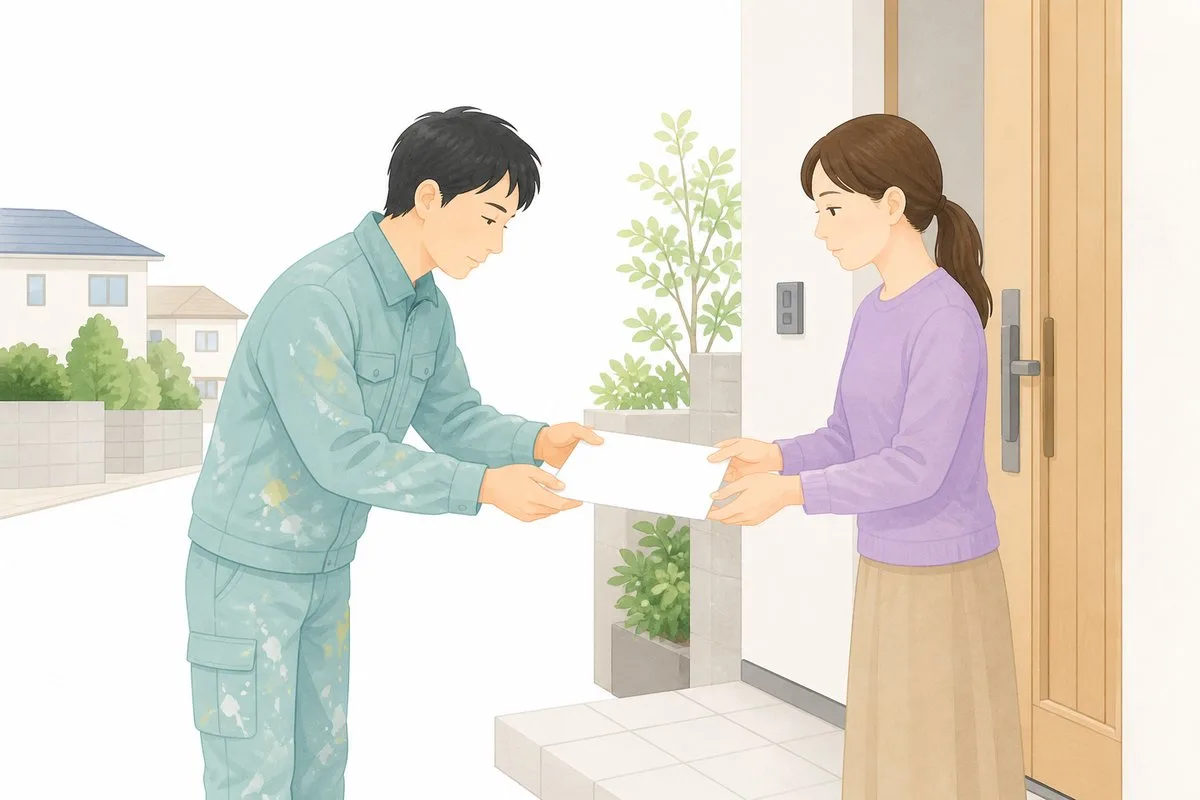 職人がご近所へ工事の案内文を手渡して挨拶する様子（イラスト）