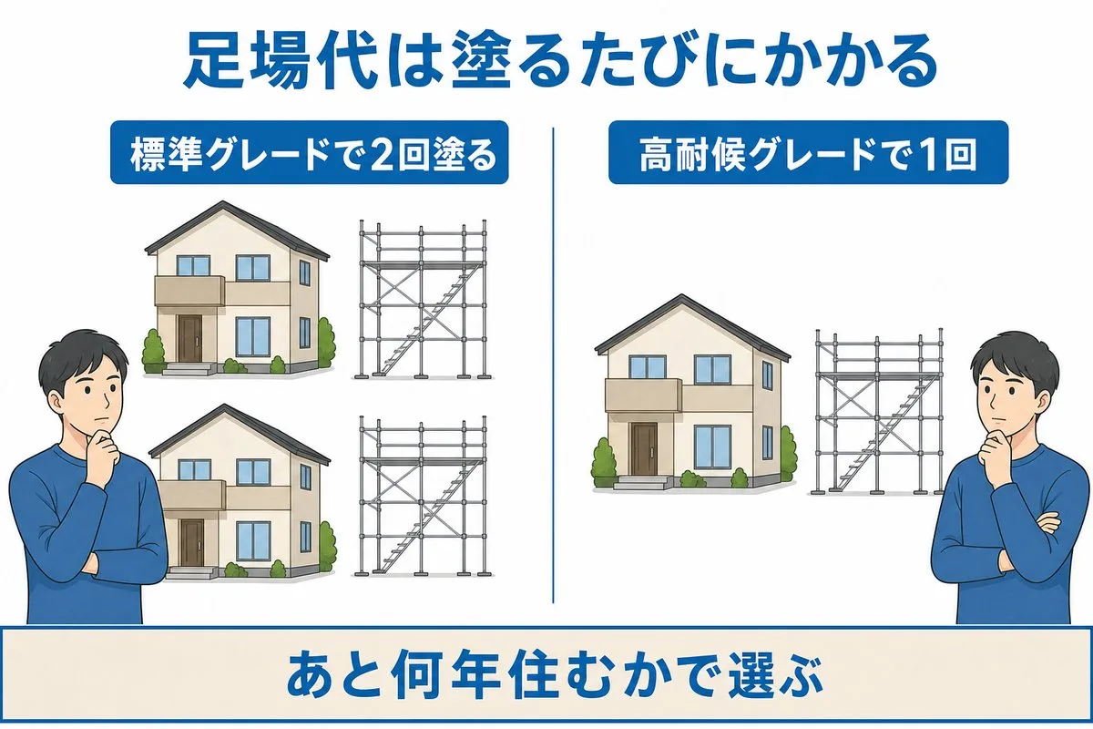 足場代は塗るたびにかかる。標準グレードで2回塗るか、高耐候グレードで1回か(図解)