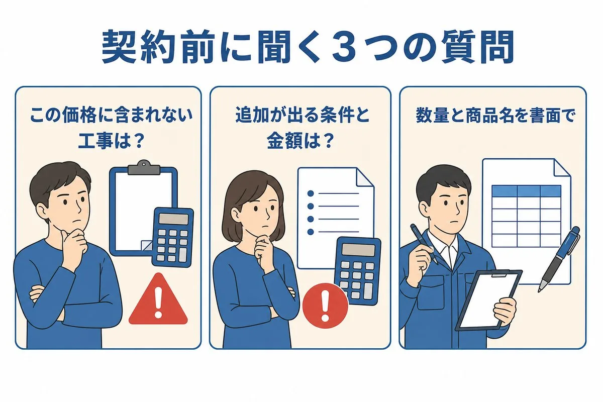 契約前に聞く3つの質問。含まれない工事・追加の条件と金額・数量と商品名の書面(図解)