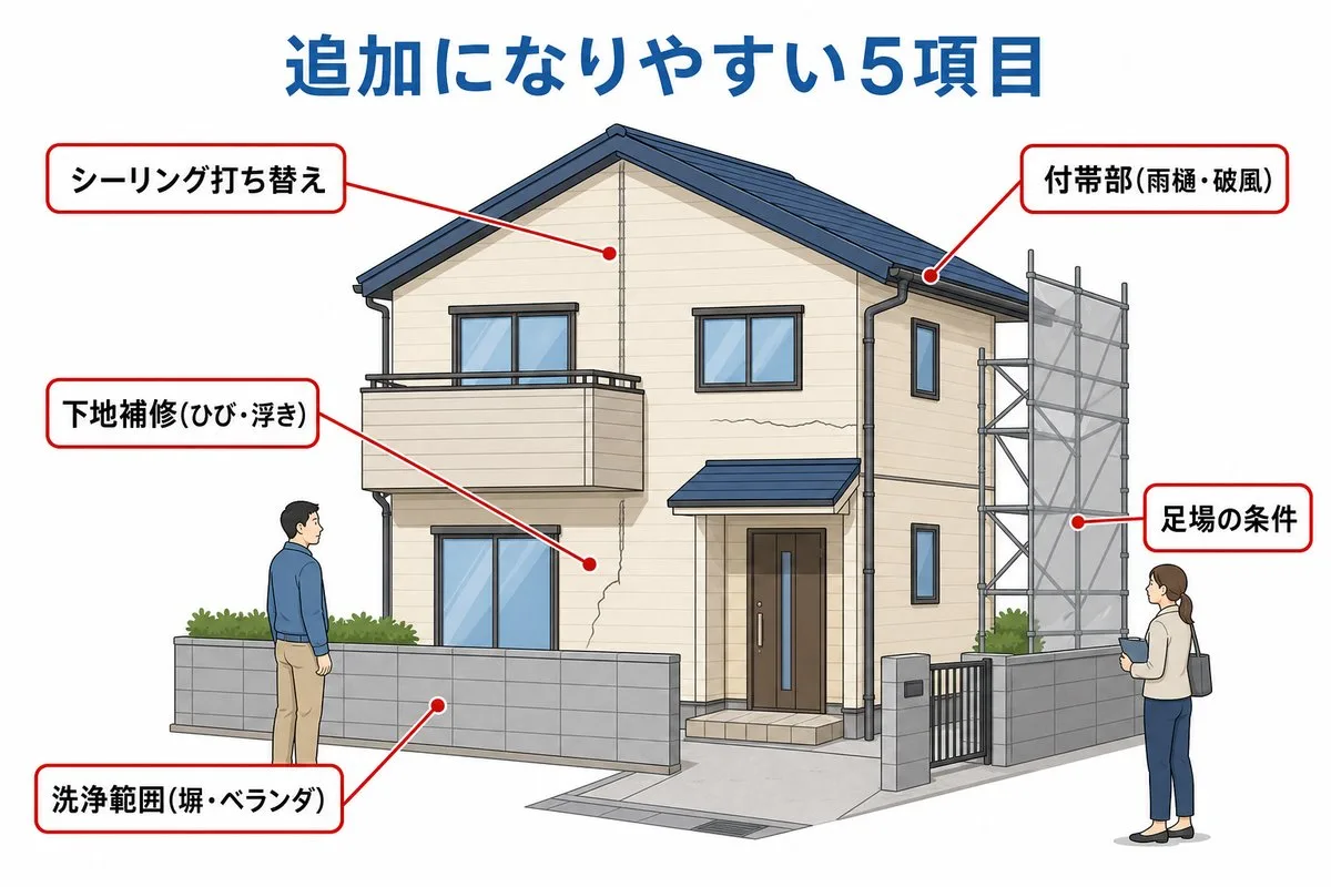 追加料金になりやすい5項目。シーリング・下地補修・付帯部・洗浄範囲・足場の条件(図解)