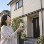 自宅の前で小さな色見本帳と外壁を見比べる女性（イメージ）