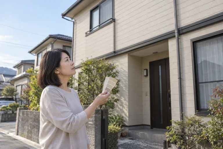 自宅の前で小さな色見本帳と外壁を見比べる女性（イメージ）