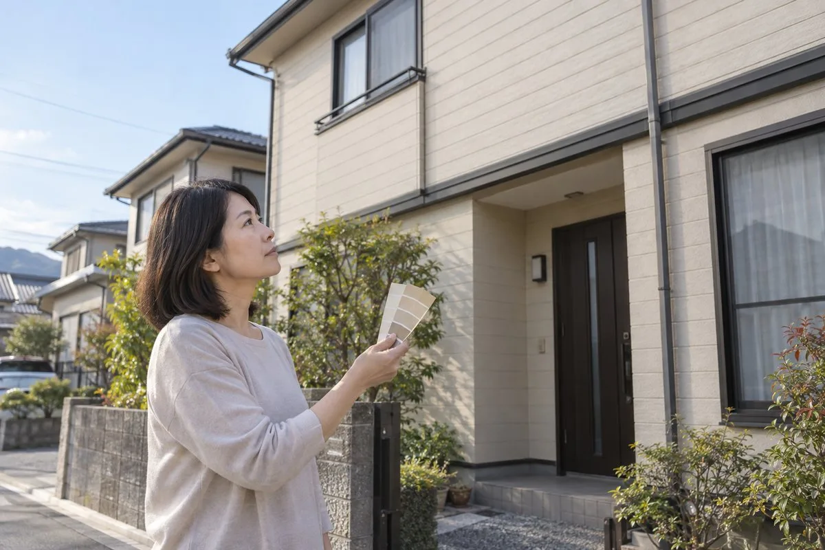 自宅の前で小さな色見本帳と外壁を見比べる女性（イメージ）