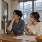 雨の日、窓の外に足場が見えるダイニングで予定を確認する夫婦（イメージ）