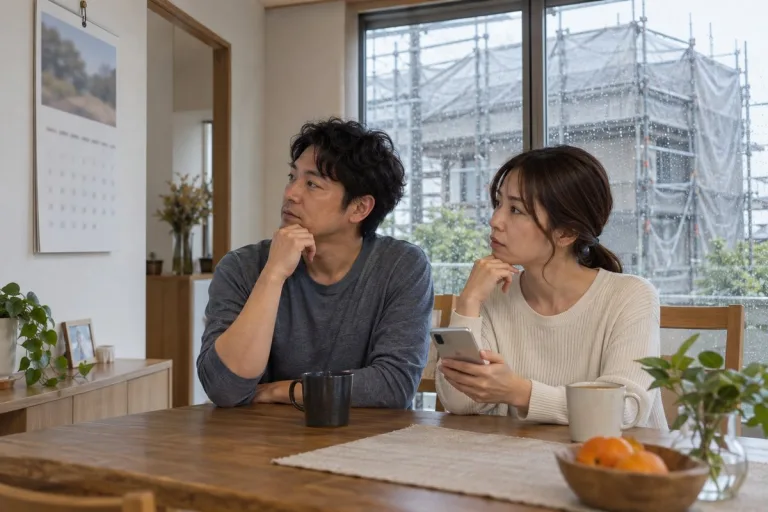 雨の日、窓の外に足場が見えるダイニングで予定を確認する夫婦（イメージ）