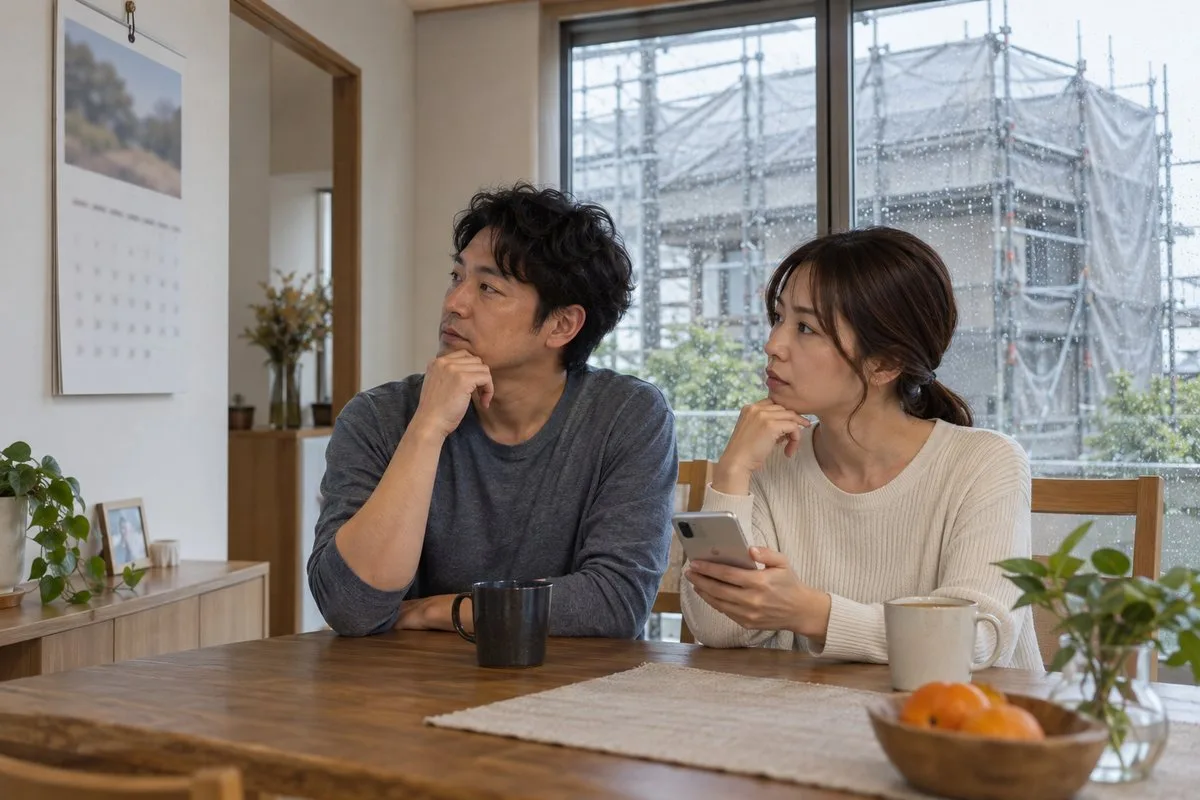 雨の日、窓の外に足場が見えるダイニングで予定を確認する夫婦（イメージ）