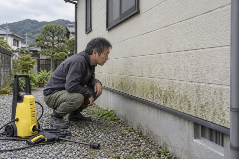 北側の外壁のコケを見つめる男性と、使う前の家庭用高圧洗浄機（イメージ）