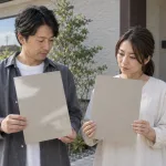 ツヤありとツヤ消しの2枚の見本板を見比べる夫婦（イメージ）
