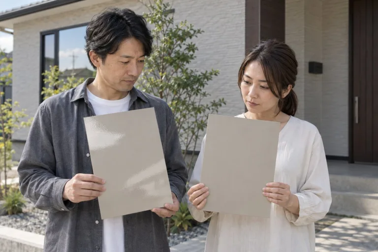 ツヤありとツヤ消しの2枚の見本板を見比べる夫婦(イメージ)