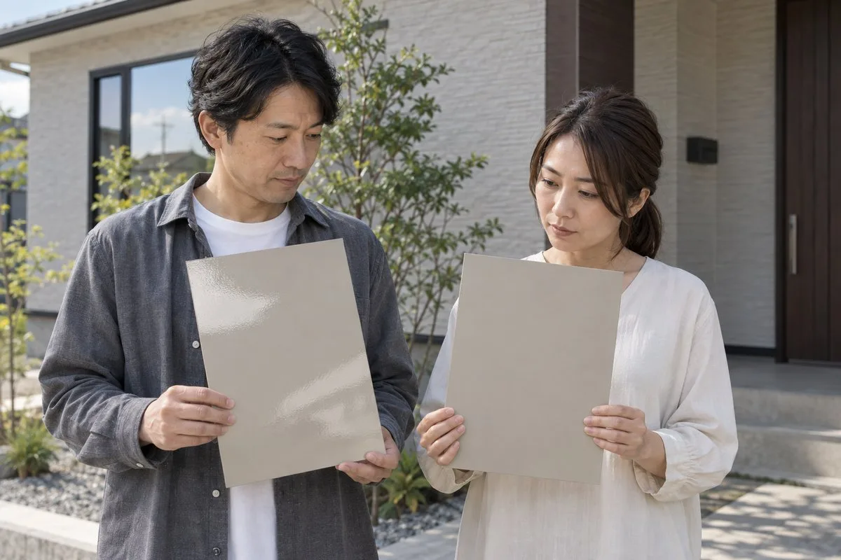 ツヤありとツヤ消しの2枚の見本板を見比べる夫婦（イメージ）