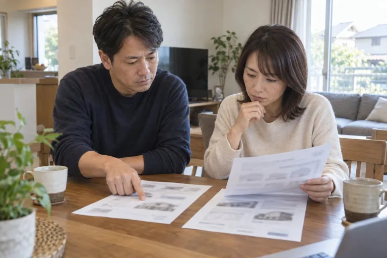 2通の外壁塗装の見積書を見比べる夫婦（イメージ）