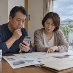 火災保険の証券を広げ、保険会社へ連絡しようとする夫婦（イメージ）