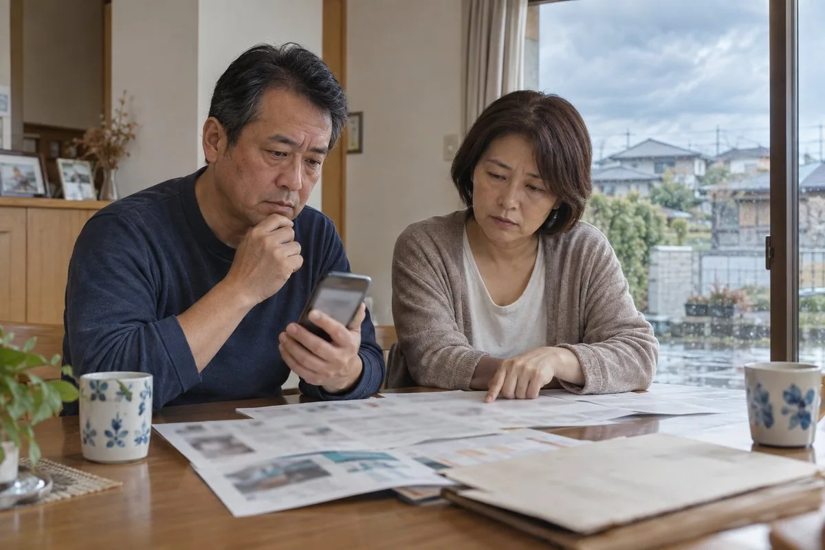 火災保険の証券を広げ、保険会社へ連絡しようとする夫婦（イメージ）