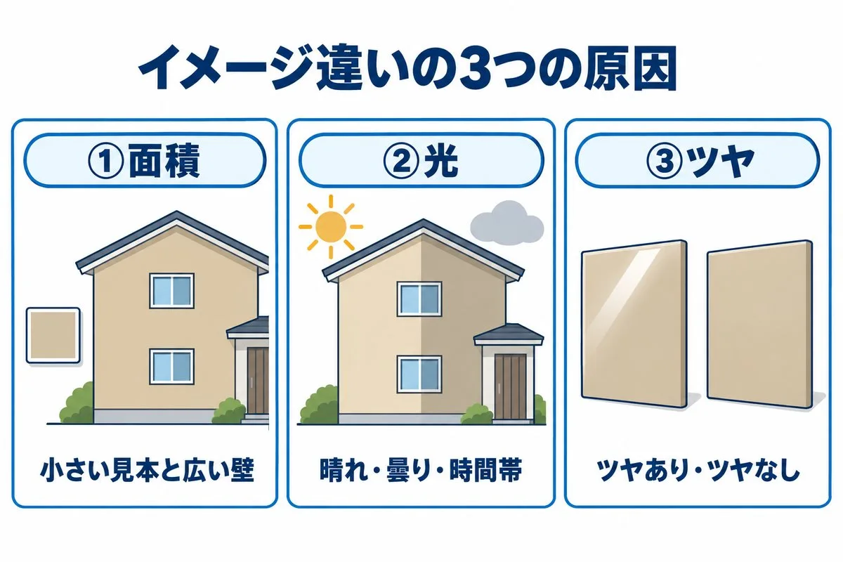 イメージ違いの3つの原因。面積・光・ツヤ（図解）