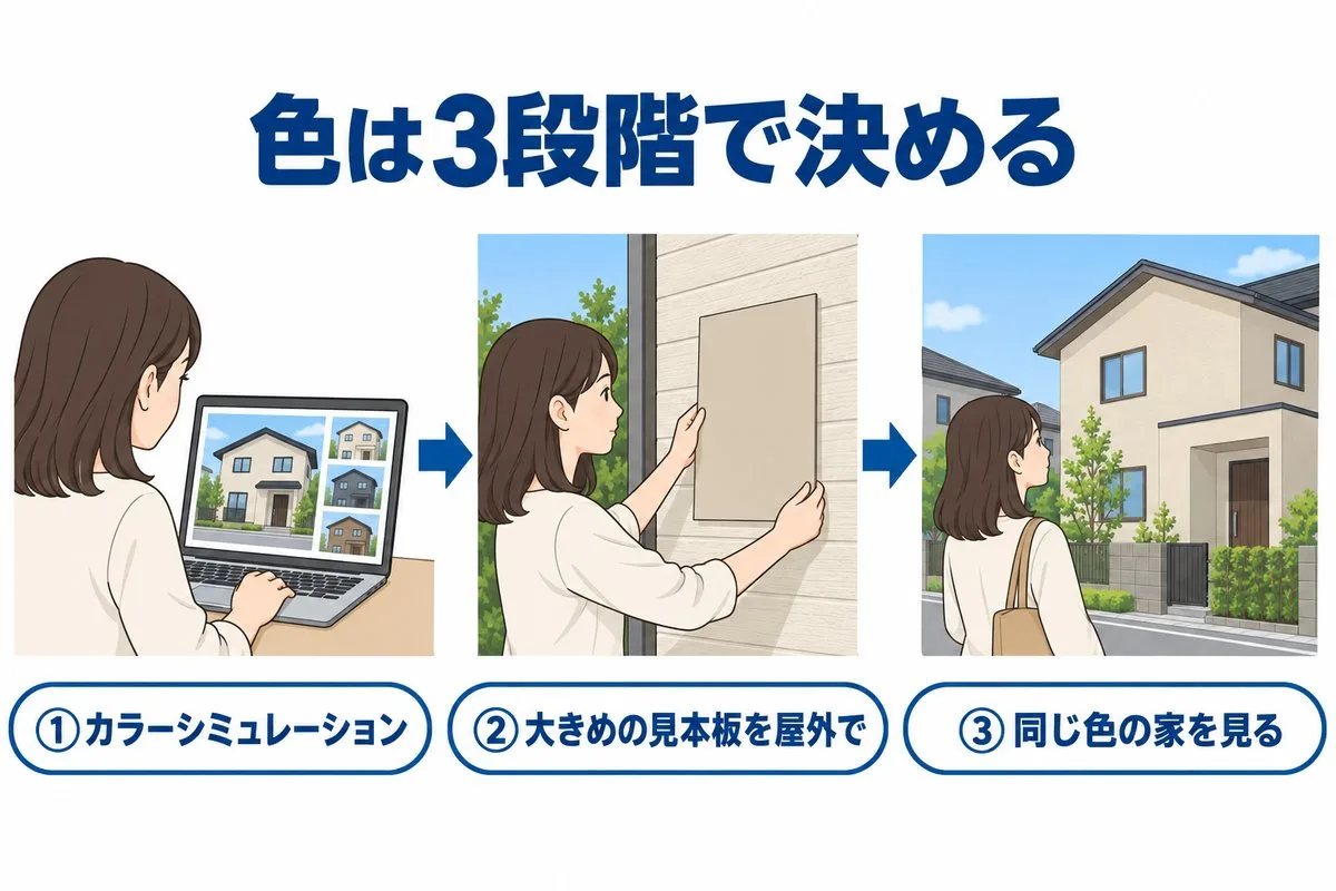 色は3段階で決める。カラーシミュレーション、大きめの見本板を屋外で、同じ色の家を見る（図解）