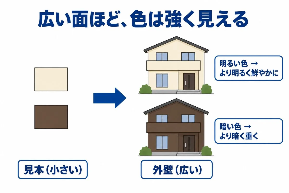 同じ色でも、広い外壁では明るい色はより明るく、暗い色はより暗く見えやすい（図解）
