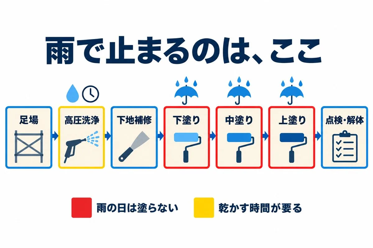 雨で止まるのは下塗り・中塗り・上塗りの塗る工程。高圧洗浄のあとは乾かす時間が要る（図解）