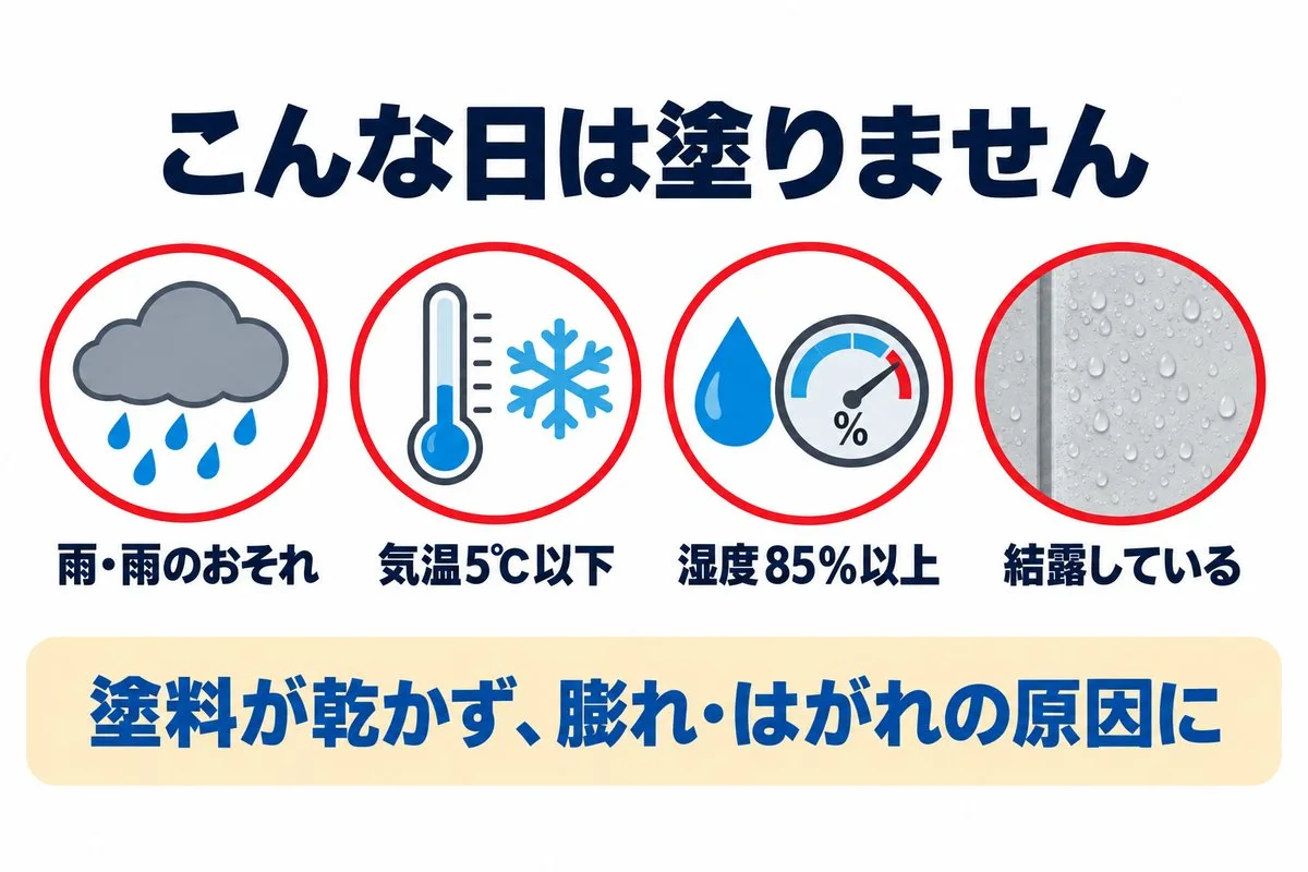 こんな日は塗らない。雨・雨のおそれ、気温5℃以下、湿度85％以上、結露している日（図解）