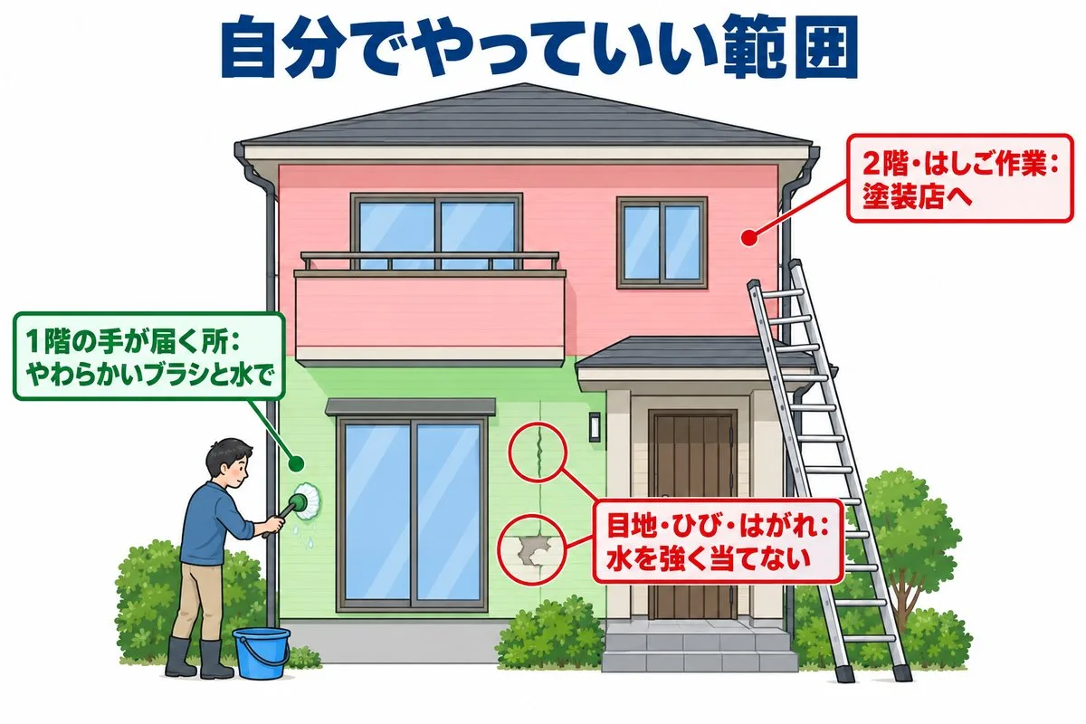 自分でやっていいのは1階の手が届く所をやわらかいブラシと水で。2階・はしご作業と、目地・ひび・はがれは塗装店へ(図解)