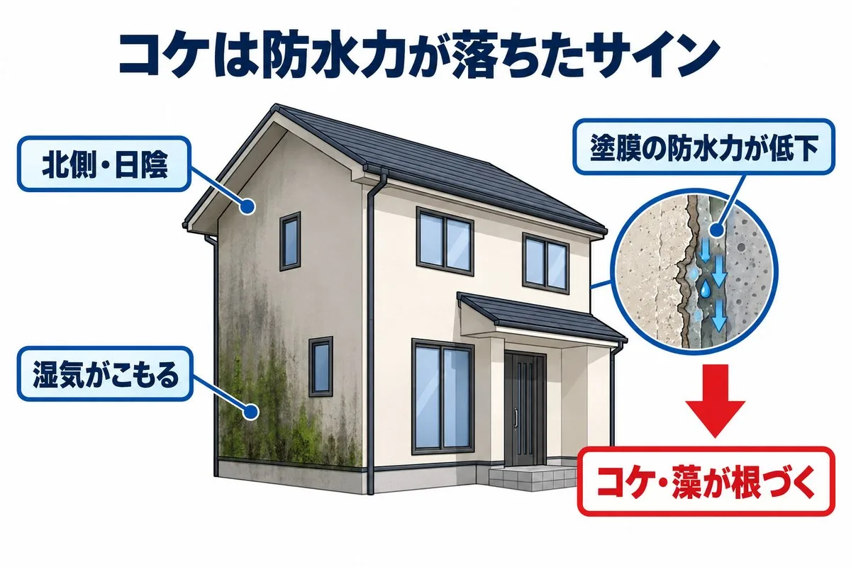 コケは防水力が落ちたサイン。北側・日陰で湿気がこもり、塗膜の防水力が下がるとコケや藻が根づく(図解)