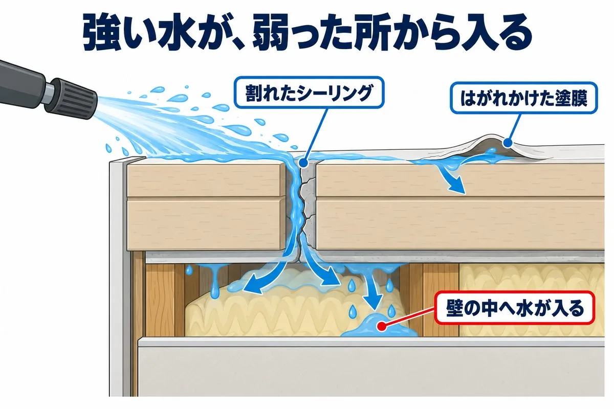 強い水が、割れたシーリングやはがれかけた塗膜から壁の中へ入る(図解)