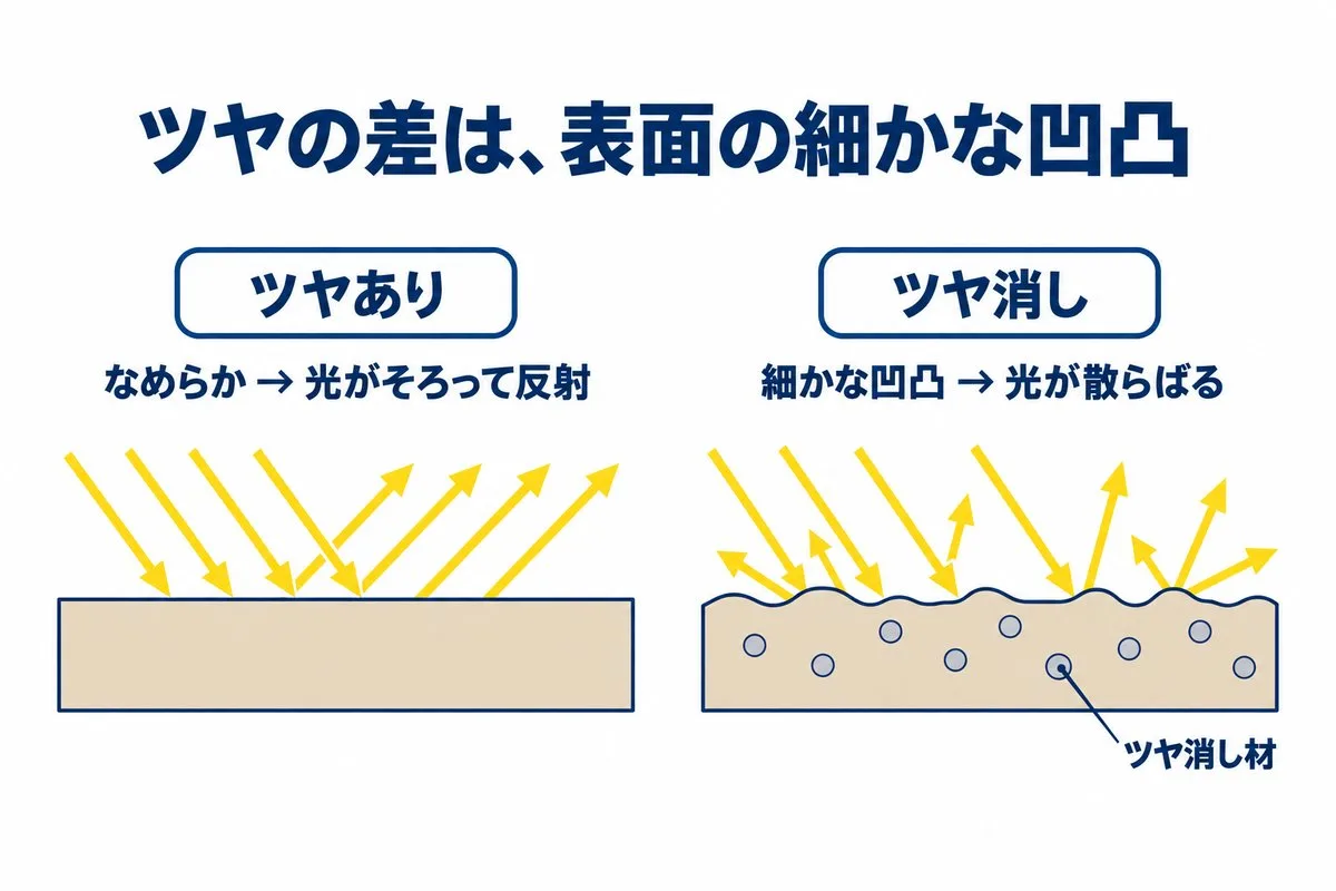 ツヤの差は表面の細かな凹凸。ツヤありはなめらかで光がそろって反射し、ツヤ消しは光が散らばる(図解)