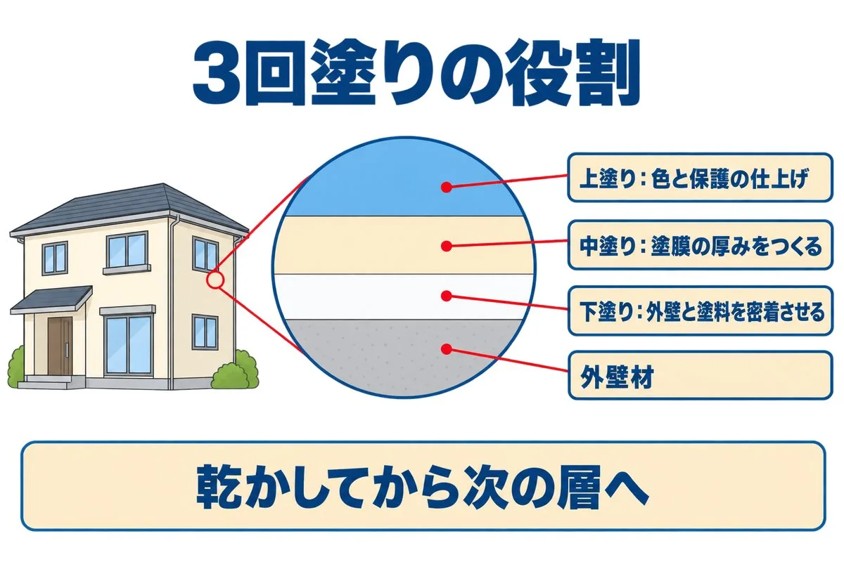 3回塗りの役割。下塗りは外壁と塗料を密着させる、中塗りは塗膜の厚みをつくる、上塗りは色と保護の仕上げ(図解)