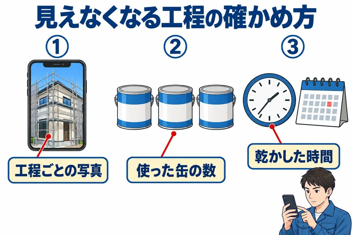 見えなくなる工程の確かめ方。工程ごとの写真、使った缶の数、乾かした時間(図解)