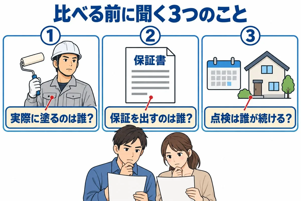 比べる前に聞く3つのこと。実際に塗るのは誰か、保証を出すのは誰か、点検は誰が続けるか（図解）