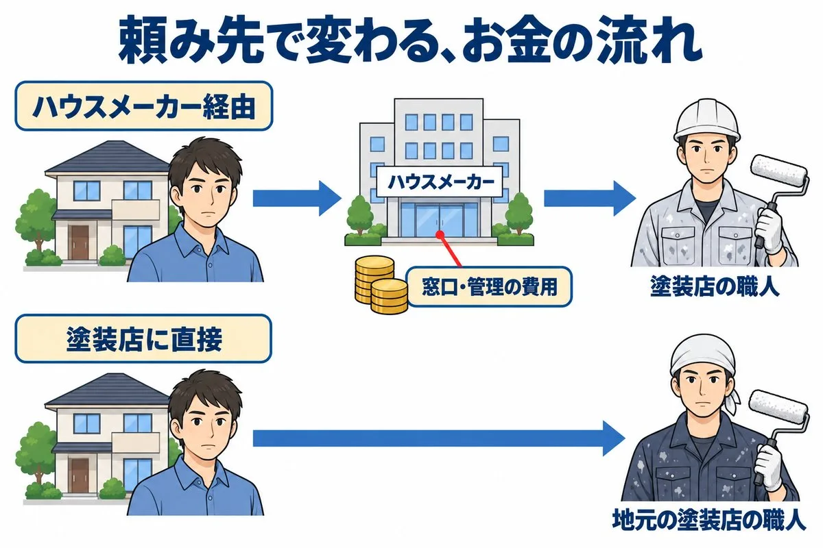 頼み先で変わるお金の流れ。ハウスメーカー経由は窓口・管理の費用を経て塗装店の職人へ、塗装店に直接なら職人へそのまま（図解）