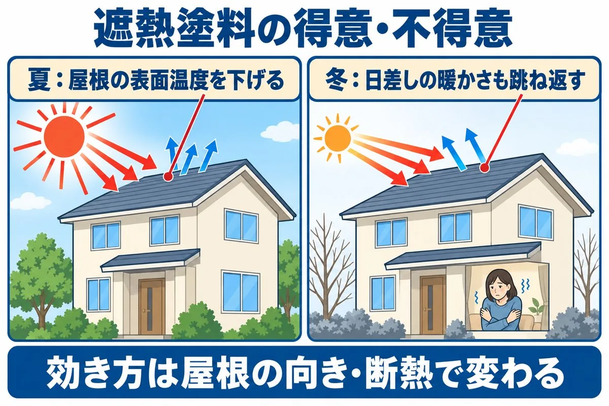 遮熱塗料の得意・不得意。夏は屋根の表面温度を下げ、冬は日差しの暖かさも跳ね返す。効き方は屋根の向き・断熱で変わる(図解)