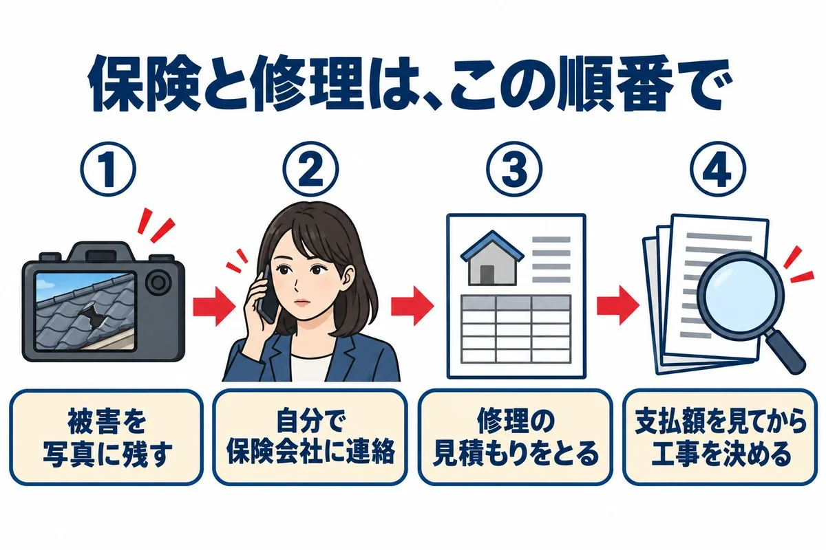 保険と修理の順番。被害を写真に残す、自分で保険会社に連絡、修理の見積もりをとる、支払額を見てから工事を決める(図解)