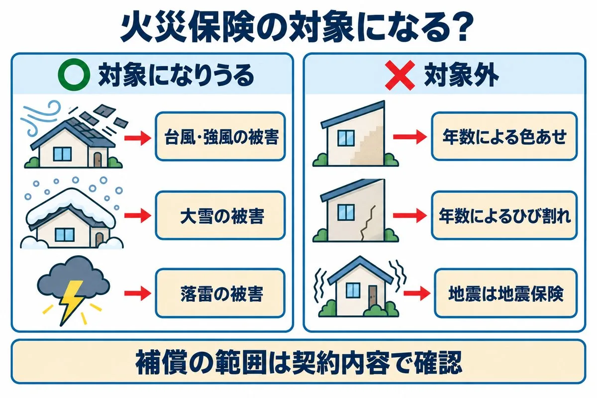 火災保険の対象になりうるのは台風・強風、大雪、落雷の被害。年数による色あせやひび割れは対象外、地震は地震保険(図解)